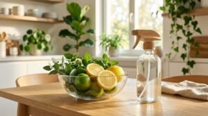 A clear glass spray bottle with a natural wood-grain nozzle standing beside a glass bowl filled with fresh lemons, limes, and mint leaves on a wooden kitchen dining table