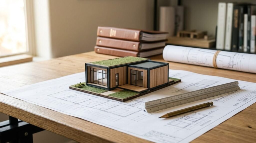 Architectural scale model of a modern modular home with a green roof, resting on a printed blueprint with a triangular scale ruler, pencil, and leather binders on a wooden desk