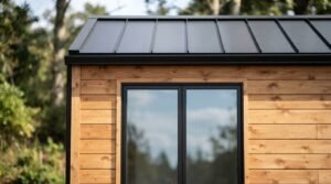 A close-up exterior view of horizontal natural wood siding, a modern black-framed double window, and a matte black standing seam metal roof on a tiny home