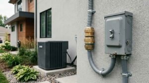 An outdoor electrical disconnect switch box and flexible metallic conduit with a brass union fitting mounted on a gray stucco wall near an exterior HVAC heat pump unit