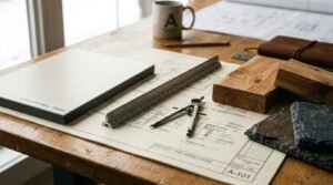 Architectural blueprint titled "PROJECT: THE CEDAR LODGE" on a wooden desk with drafting compass, scale ruler, wood swatches, slate stones, and a "MODULAR PANEL - FINISH" sample