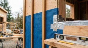 Close-up of a weather-resistant blue housewrap membrane, vertical rainscreen timber furring battens, and foil-faced self-adhesive flashing tape around a rough window opening with a spirit level and carpenter's pencil on a wooden sawhorse during tiny house construction