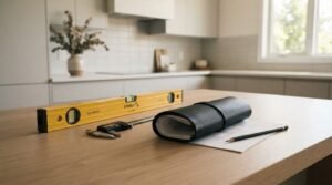A yellow Stabila spirit level, digital calipers, a leather-wrapped blueprint roll, and a pencil laid out on a natural wood kitchen island during a home renovation