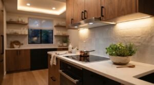 A stainless steel range hood with under-cabinet LED task lighting above an induction cooktop, featuring a bowl of fresh culinary herbs on a white quartz countertop in a modern walnut kitchen