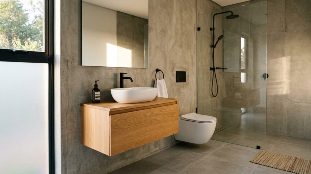 A modern minimalist bathroom featuring concrete-effect walls, a floating oak vanity with a white vessel sink, matte black fixtures, a wall-hung toilet, and a walk-in glass shower enclosure
