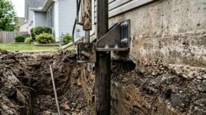 Heavy-gauge steel foundation underpinning bracket bolted to a poured concrete stem wall in an excavated trench, with a hydraulic cylinder ram actively driving a vertical steel push pier down to bedrock to stabilize and level a residential house