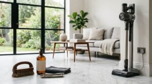 Modern cordless stick vacuum on a freestanding floor charging dock alongside an amber glass pump bottle, natural bristle scrub brush, folded cleaning cloth, and metal dustpan on polished white marble flooring in a bright living room with black steel-framed French doors