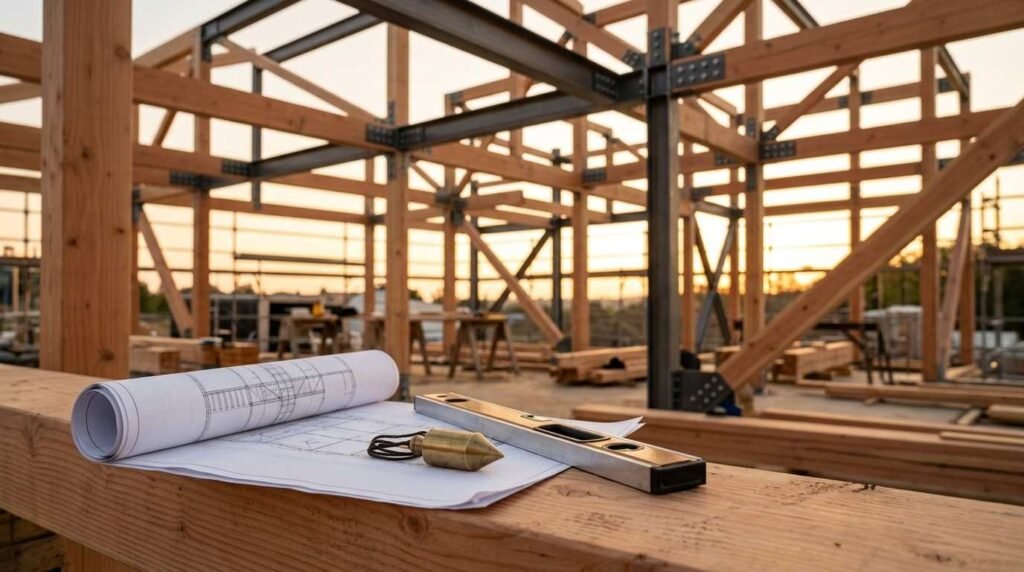 A rolled set of architectural blueprints, a brass plumb bob, and a spirit level resting on a timber beam at a mass timber and steel framing construction site during sunset