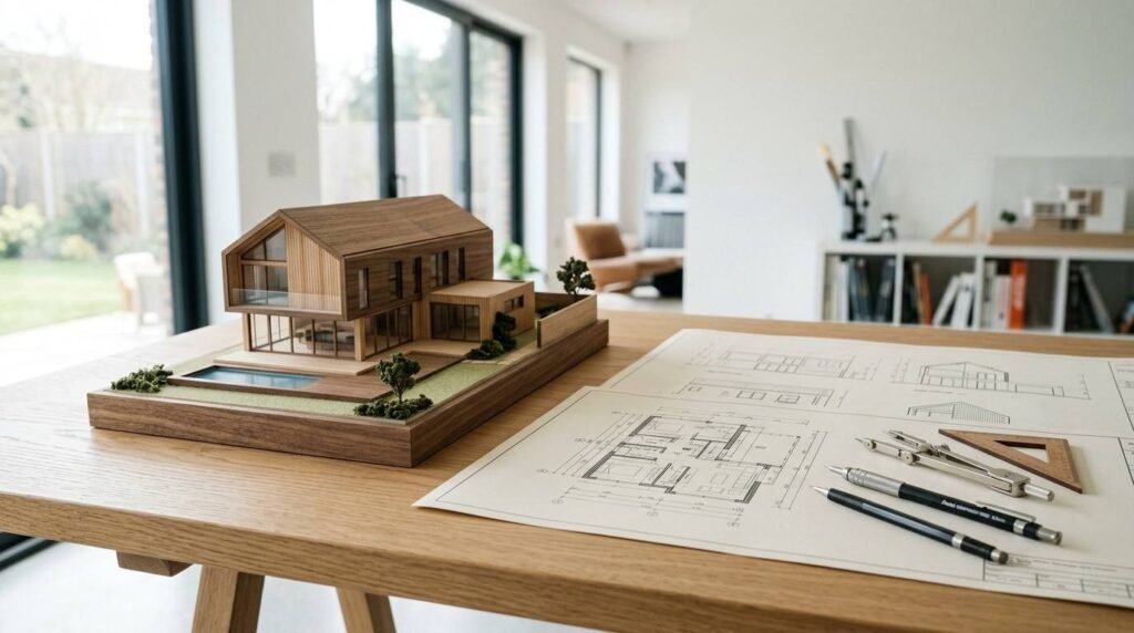 Detailed wooden scale model house on a wooden desk alongside architectural blueprints, drafting compass, set square, and mechanical pencils in a modern studio