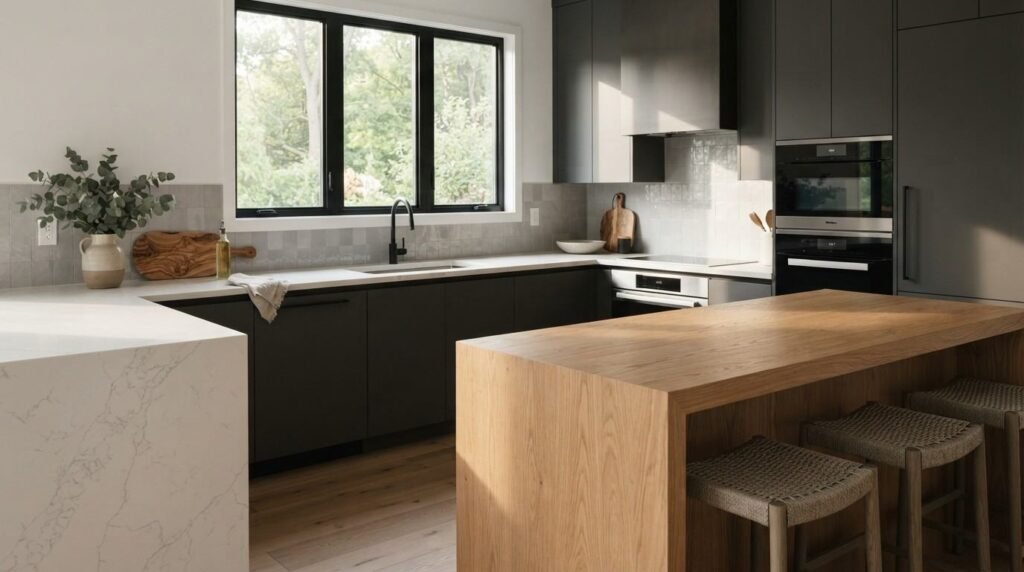 A modern minimalist kitchen featuring matte charcoal cabinetry, a white quartz waterfall counter, an oak waterfall island with woven barstools, and built-in wall ovens under a large picture window