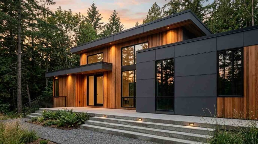 A contemporary modular prefab home with vertical cedar wood siding, matte charcoal architectural panels, large glass windows, and concrete patio steps surrounded by evergreen forest at dusk