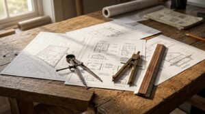 Architectural sketches and floor plans spread out on a rustic wooden workbench with drafting compasses and a wooden scale ruler