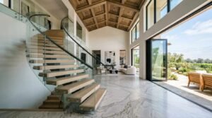 Grand modern living room with a curved floating glass staircase, vaulted coffered wood ceiling, polished marble floors, and folding glass doors opening to an outdoor patio