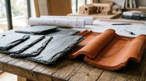 Natural dark slate samples and terracotta clay roof tiles on a wooden desk with architectural blueprints