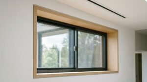 Black-framed horizontal sliding window with a deep natural wood jamb lining set into a smooth white interior wall