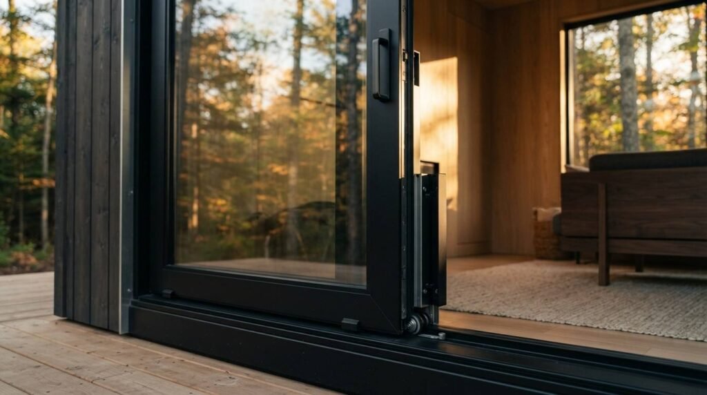 A heavy-duty black aluminum lift-and-slide glass patio door open along a flush floor track, reflecting the surrounding forest and connecting an outdoor wooden deck to a modern interior living space