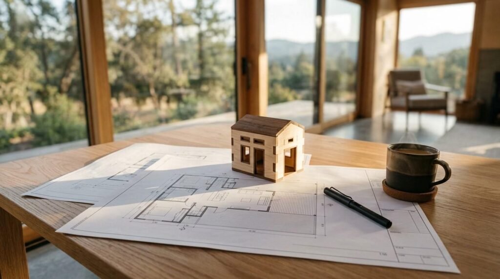 Miniature wooden house model, printed architectural floor plans, black pen, and a steaming coffee mug on a wooden table in front of large windows overlooking nature