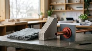Fire-resistant building material samples displayed on a table, including slate stone, Type X fire-rated drywall, and a copper pipe penetration with red firestop sealant