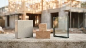 Architectural building material samples including a smooth concrete block, oak wood cubes, and a double-pane insulated glass panel displayed on a stone ledge