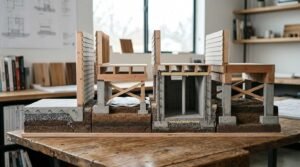 Detailed architectural cross-section scale model comparing four primary residential foundation types-slab-on-grade with thickened edge footing, post-and-pier crawlspace, poured concrete full basement, and elevated pier foundation—displaying soil strata, rebar reinforcement, gravel beds, floor joists, and exterior wall framing on an oak studio workbench
