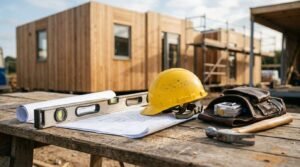 Yellow hard hat, spirit level, printed blueprints, leather tool pouch, and hammer resting on a wooden job site workbench in front of a modular wooden house under construction