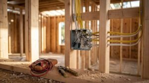 Electrical wiring, yellow and white NM-B cables, and wire connectors inside a metal junction box mounted on wooden wall studs at a tiny home construction site, with a multimeter and pliers on a wooden beam.