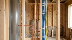 Exposed copper plumbing pipes, bundled blue and white ethernet cables, and HVAC ductwork inside a stud wall frame during home construction