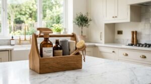 Natural oak wooden cleaning caddy holding an amber glass spray bottle of all-purpose cleaner, an amber disinfectant bottle with cork stopper, rolled neutral cleaning cloths, and a wooden handled sisal dish brush, resting on a white veined marble kitchen island with bespoke shaker cabinetry in the background