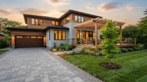 Two-story modern home exterior with wood siding, light grey stucco, paver driveway, and a raised wooden deck with a timber pergola at sunset