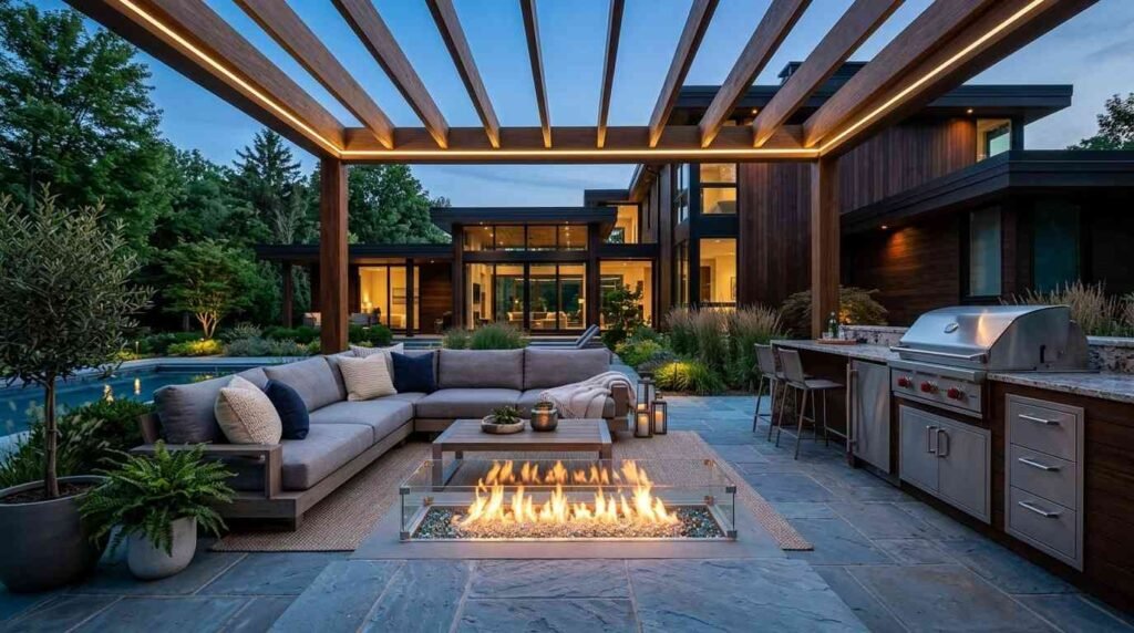 Modern outdoor living space and kitchen patio at dusk featuring a wood pergola with LED strip lighting, sectional sofa, glass-guarded linear fire pit, and built-in stainless steel grill overlooking a swimming pool