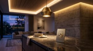 Brushed brass smart dimmer switch plate with a backlit rotary knob on a dark marble kitchen island countertop in a warmly lit modern living space