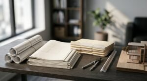 Rolled and stacked architectural blueprints, manila folders, drafting compass, triangular ruler, and miniature architectural model on a dark wood office desk
