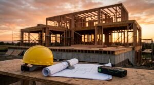Yellow safety hard hat, unrolled architectural floor plan blueprint weighted by a metal hook ring, and a digital laser measure resting on a plywood jobsite bench before a two-story modern timber-framed house with poured concrete foundation at sunset