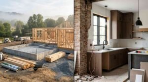 Split image showing outdoor house framing on a concrete foundation on the left, and an active indoor kitchen remodel with dark wood cabinets and exposed brick on the right