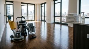 Commercial floor buffer machine with a yellow fluid tank, stainless steel wet-dry shop vacuum, and mop bucket staged on gleaming dark oak hardwood floors inside an empty luxury high-rise apartment, with a stack of white cleaning towels and spray bottles on a foreground countertop overlooking a city skyline