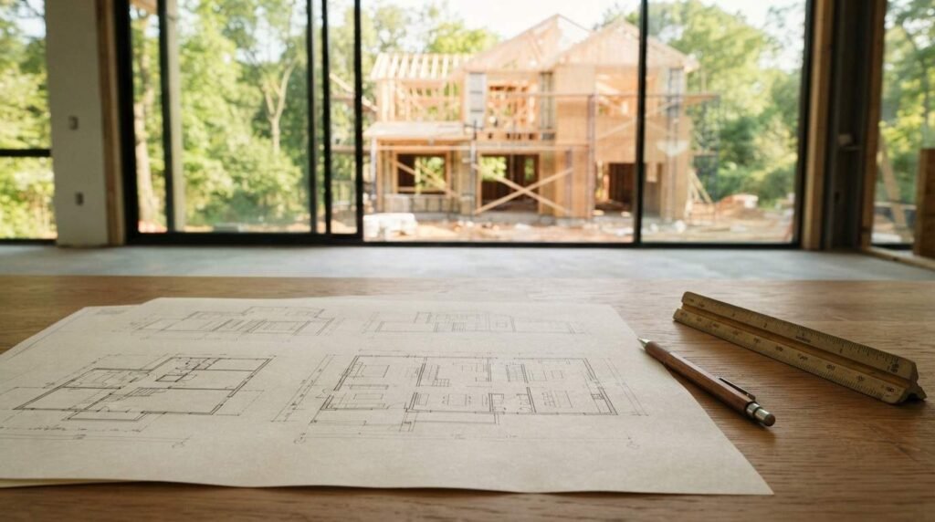 Architectural floor plan drawings, drafting pencil, and triangular scale ruler on a wooden table, with a wood-framed house under construction visible through glass windows
