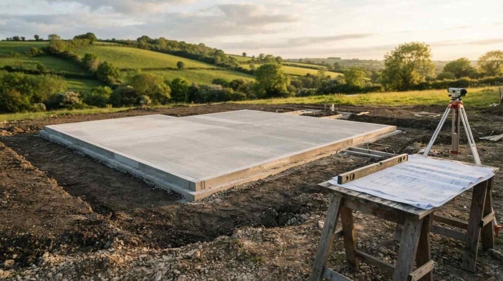 A poured concrete slab foundation on a rural construction site overlooking rolling green hills, with building blueprints on a wooden sawhorse and a land surveyor transit level on a tripod