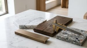 Brass vernier caliper measuring the thickness of a dark oak wood flooring sample next to hexagonal white marble, terrazzo tile, and brushed brass trim on a marble tabletop