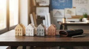 Four miniature house models made of wood, marble, concrete, and copper lined up on a wooden desk next to a leather tool roll and pen