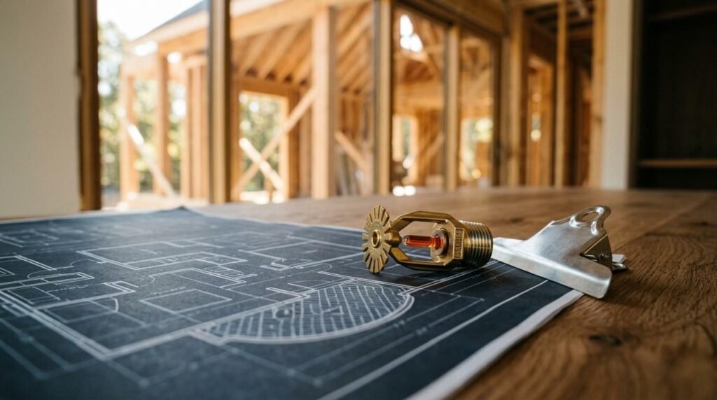 Brass fire sprinkler head resting on a blue floor plan blueprint next to a metal clipboard clip inside a wood-framed house under construction