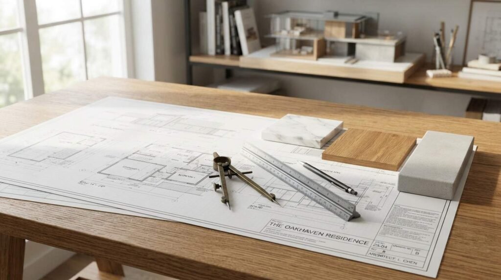 Architectural blueprints labeled "The Oakhaven Residence" on an oak desk, with a drafting compass, scale ruler, marble tile, wood swatch, and concrete sample