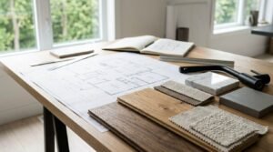 Interior design material flat lay on an oak drafting table with residential floor plan blueprints, engineered oak and walnut timber flooring planks, textured textile fabric samples, polished marble tile, matte grey quartz swatch, modern matte black faucet, and an open sketchbook in a bright studio by a window