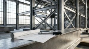 A socket wrench and rolled architectural blueprints resting on a steel I-beam inside a commercial building with heavy structural steel framework and large industrial grid windows