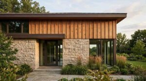 Modern single-story house facade combining vertical natural cedar wood siding, split-face light grey stone masonry base, and large glass entry door