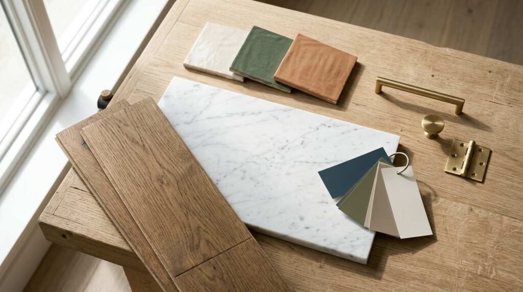 Interior design material mood board featuring white oak flooring planks, Carrara marble slab, zellige ceramic tiles, paint swatches, and brushed brass cabinet hardware on a wood desk