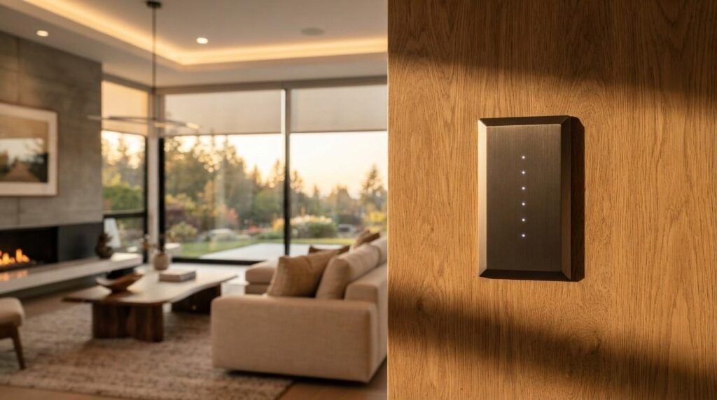 Dark metallic smart home keypad with LED indicator lights flush-mounted into a oak wood wall panel in a modern luxury living room
