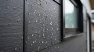 A close-up view of water droplets beading and trickling down dark grey textured composite wood-grain siding next to a black-trimmed window frame