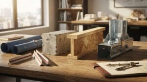 Structural building materials display featuring a concrete block, engineered wooden I-joist, and steel post connector alongside rolled blueprints, scale rulers, and a compass on a wooden desk