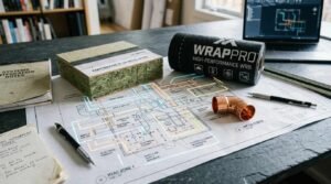 Technical building blueprint with highlighted HVAC and electrical overlays, continuous R-20 insulation block, roll of WRB house wrap, and copper pipe fitting on a stone workbench