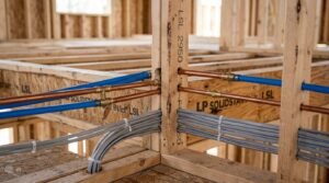 Copper and blue PEX plumbing pipes routed alongside bundled grey electrical cables zip-tied through engineered LSL wood wall studs in a house under construction